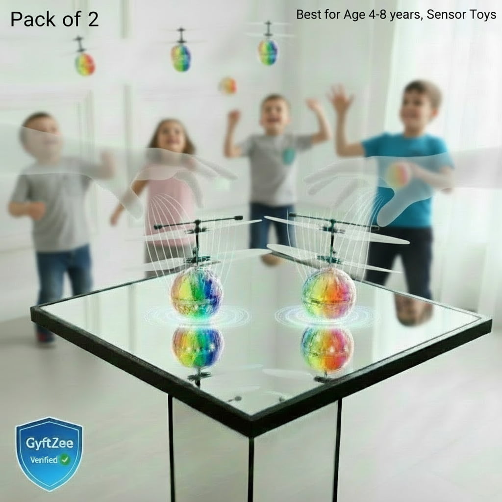 Children playing with colorful sensor toys on a table, with a blurred background. Hand Sensor Flying LED ball