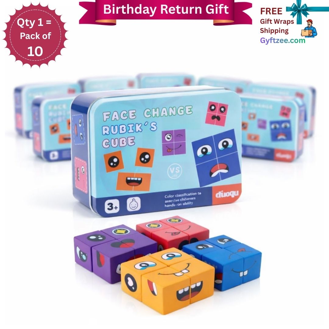 Pack of 10 face-changing Rubik's Cube toys with packaging on a white background