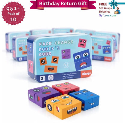 Pack of 10 face-changing Rubik's Cube toys with packaging on a white background