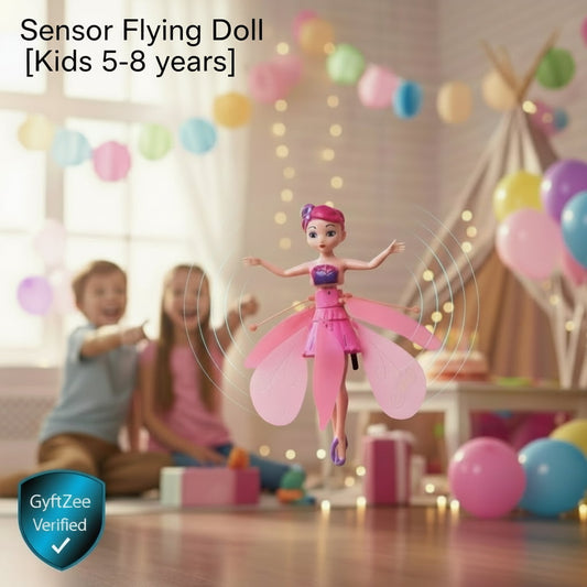Sensor flying doll for kids with children in the background and balloons.