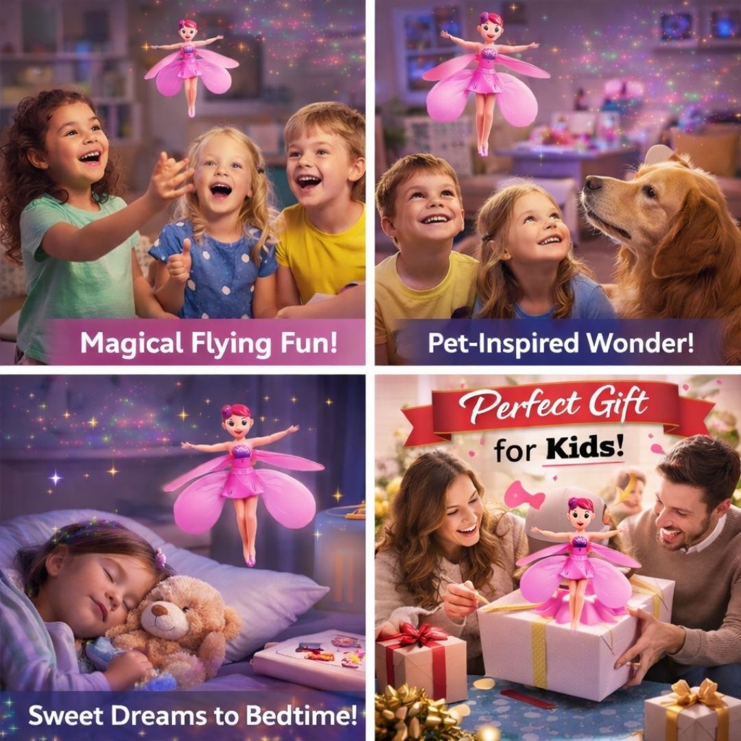 Collage of children playing with a flying fairy toy, surrounded by family and pets.