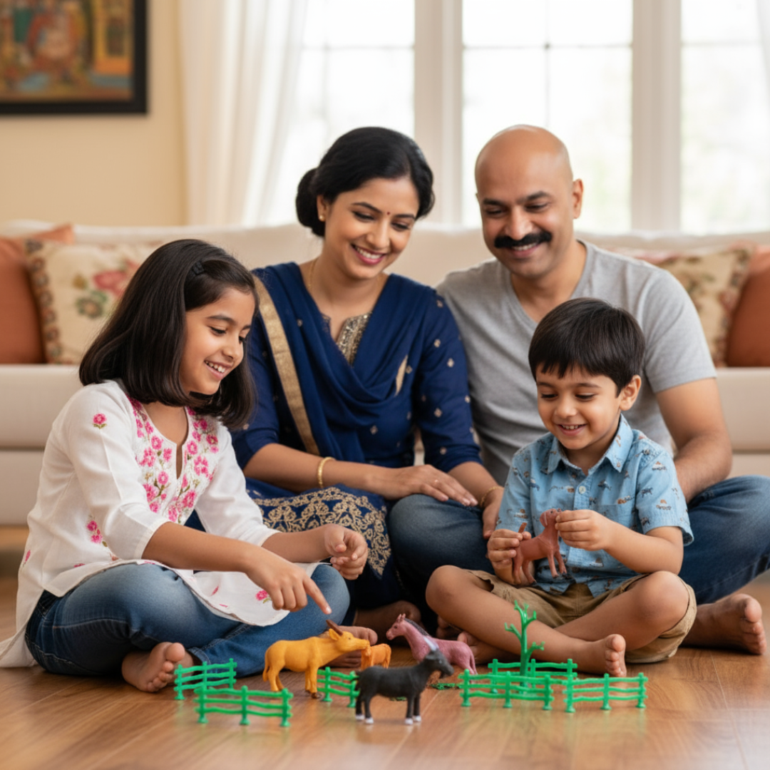 Family of four playing with toy animals on a wooden floor.