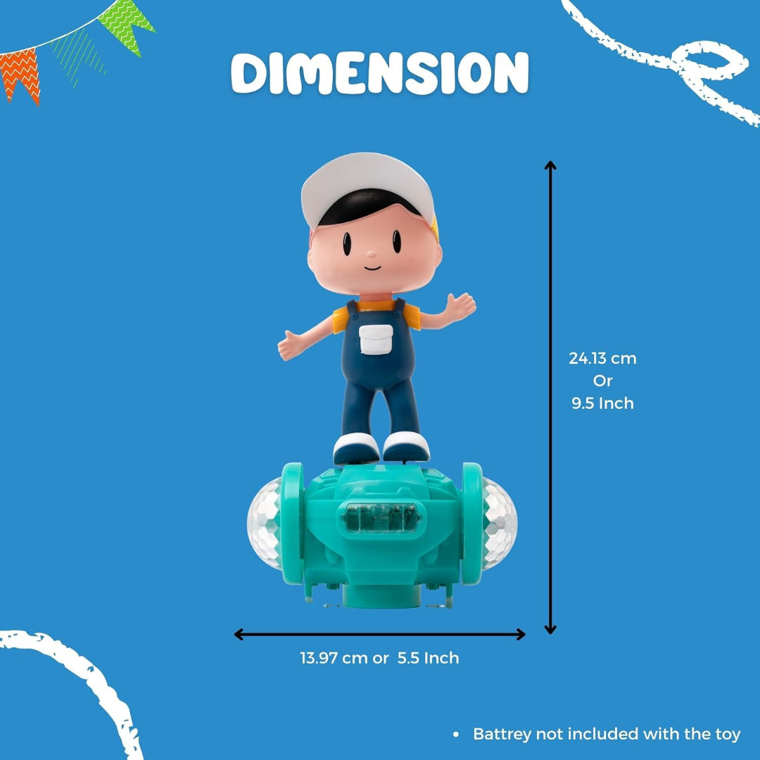 Toy figure on a teal vehicle with dimensions labeled against a blue background