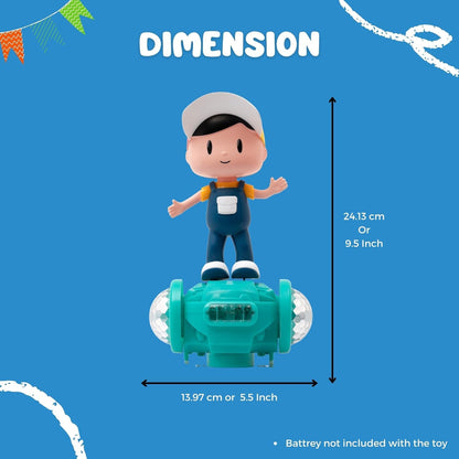 Toy figure on a teal vehicle with dimensions labeled against a blue background