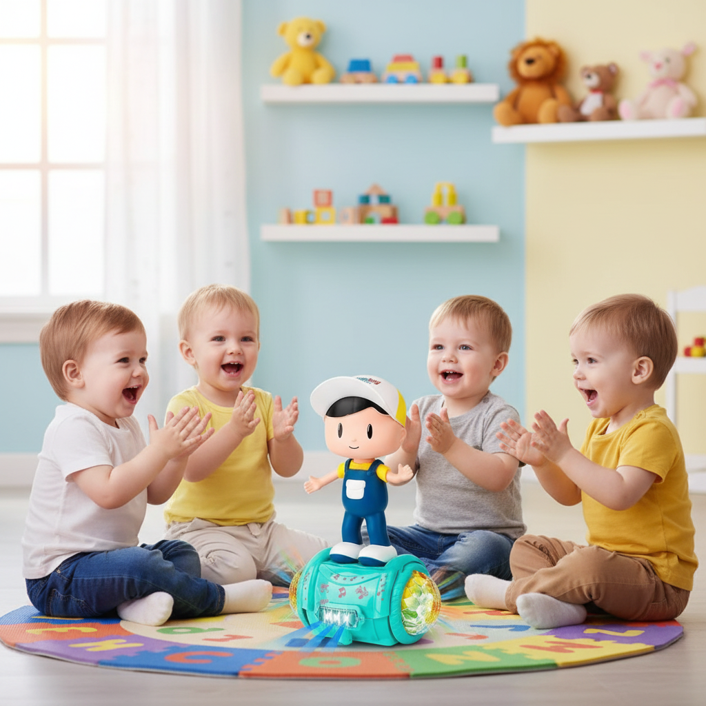 Four children sitting on a colorful mat with a toy robot in a playroom.