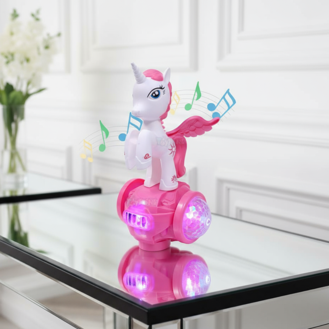 Toy unicorn with pink saddle and wheels on a reflective surface