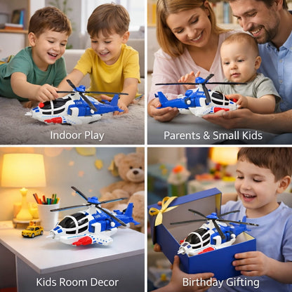 Collage of a toy helicopter being played with by children, used by parents, displayed as decor, and given as a gift.