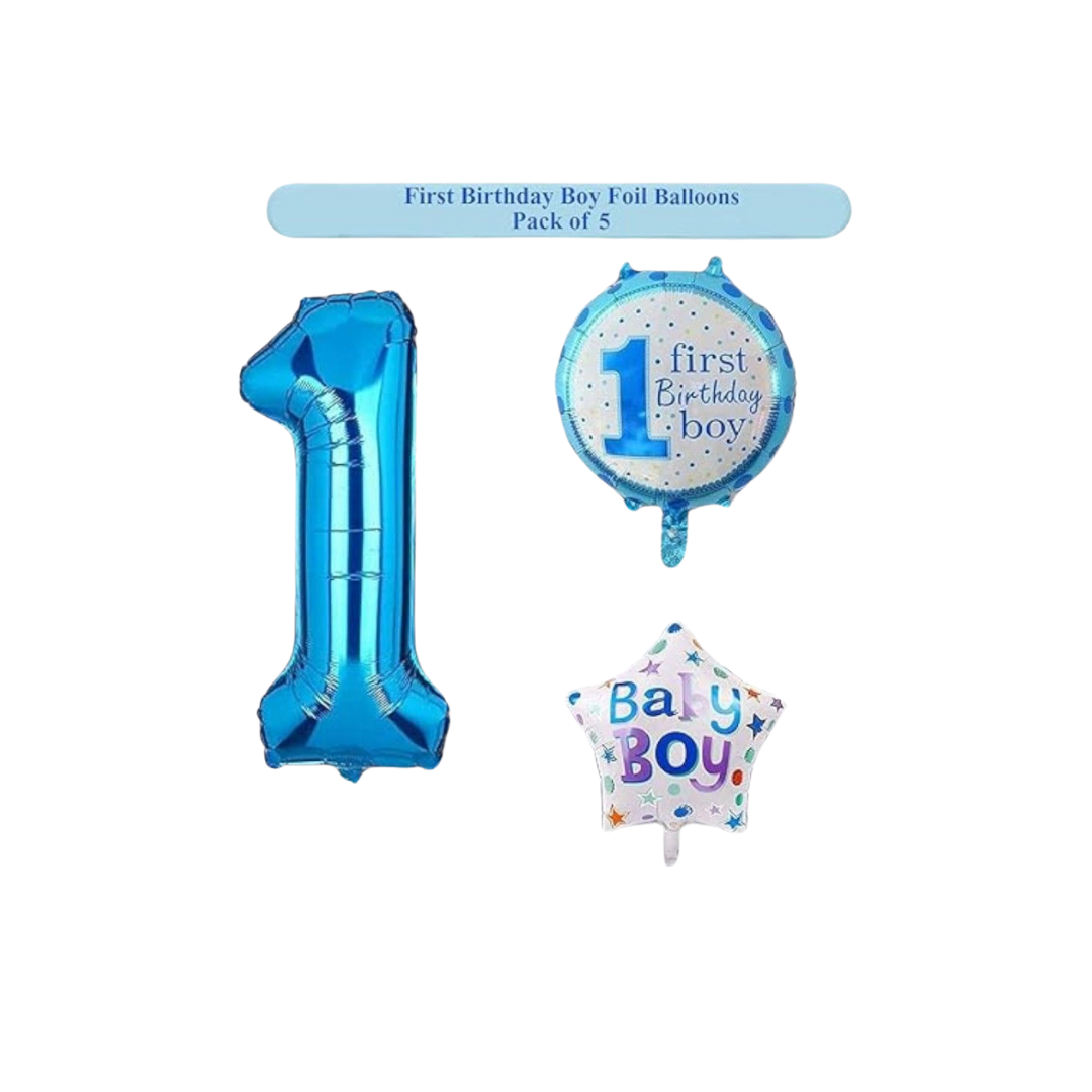 [Random design] 1st Birthday Boy Foil Balloon Set – Pack of 5 | Party Decorations for Baby Boy
