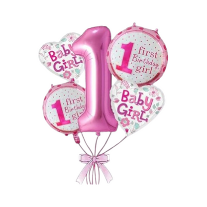 [Random design] 1st Birthday Girl Foil Balloon Set – Pack of 5 | Party Decorations for Baby Girl