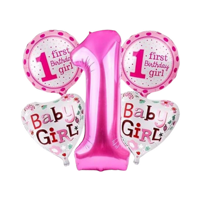 [Random design] 1st Birthday Girl Foil Balloon Set – Pack of 5 | Party Decorations for Baby Girl