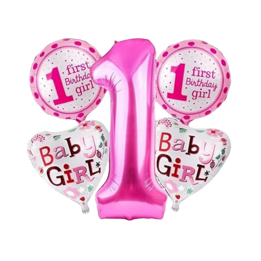 [Random design] 1st Birthday Girl Foil Balloon Set – Pack of 5 | Party Decorations for Baby Girl