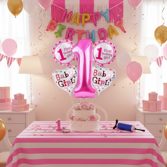 First birthday celebration setup with balloons and decorations in a room.