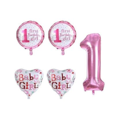 [Random design] 1st Birthday Girl Foil Balloon Set – Pack of 5 | Party Decorations for Baby Girl