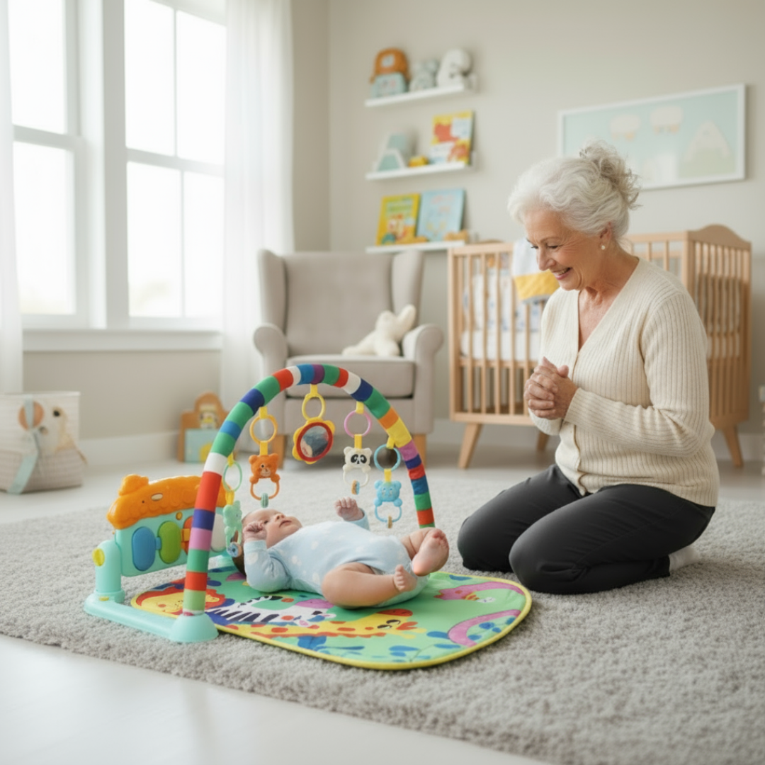 Woman playing with a baby on a colorful play mat in a nursery.