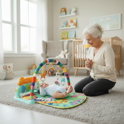Woman playing with a baby on a colorful play mat in a nursery.