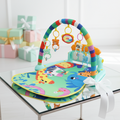 Colorful baby play mat with activities on a glass table