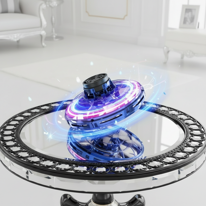 A multicolored mini UFO drone hand spinner, also known as a gyro flying decompression toy, in motion with a visible blue spin.