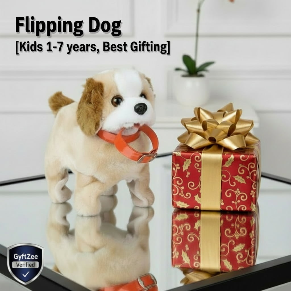 Stuffed dog toy with a gift box on a reflective surface, labeled 'Flipping Dog' for kids aged 1-7 years.
