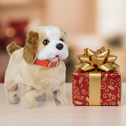 Stuffed dog toy next to a red gift box with a gold bow on a blurred background