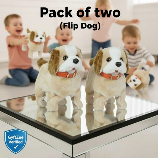Two toy dogs on a reflective surface with children playing in the background, featuring the GyftZee logo. Twins combo, flipping walking dog, best for kids age 1 - 8 years