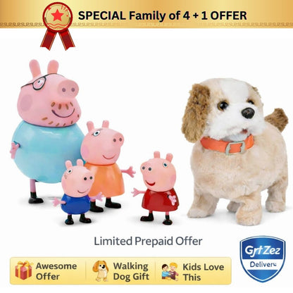 Toy figures of a family of pigs and a dog with promotional text on a white background