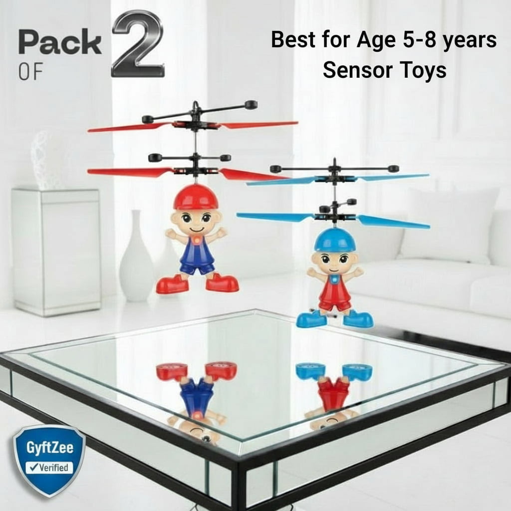 Two sensor toys with colorful hats on a glass table in a living room setting. Best for kids age 5-8 years