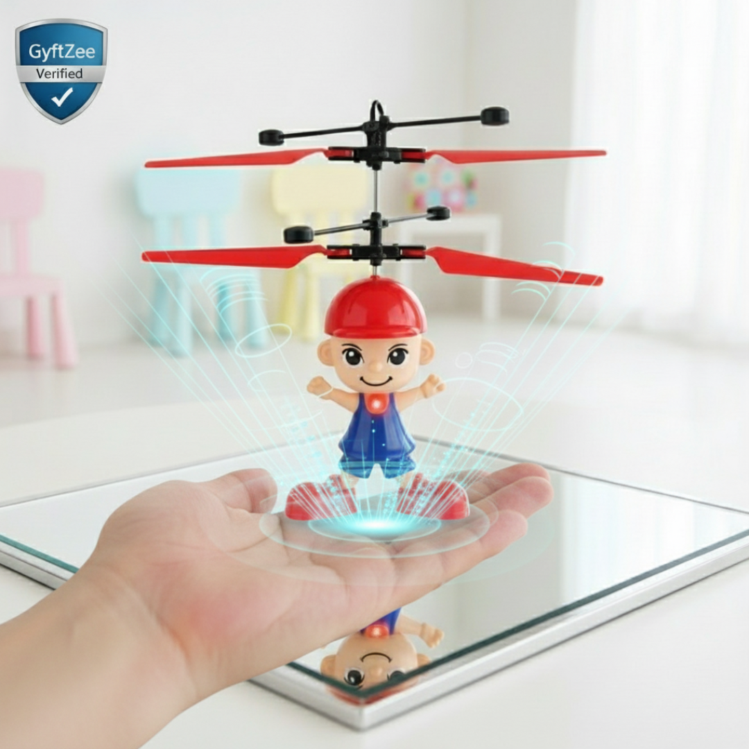 Toy helicopter with a character on top on a reflective surface