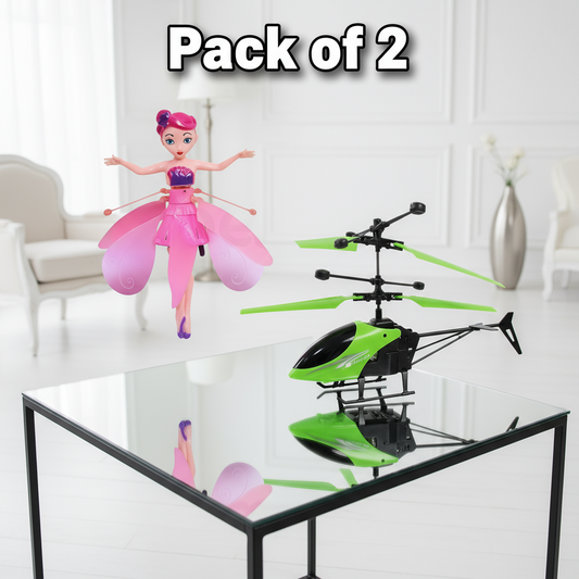 [Pack of 2 - Twins, Random Colors] Flying Hand Sensor Doll and Helicopter