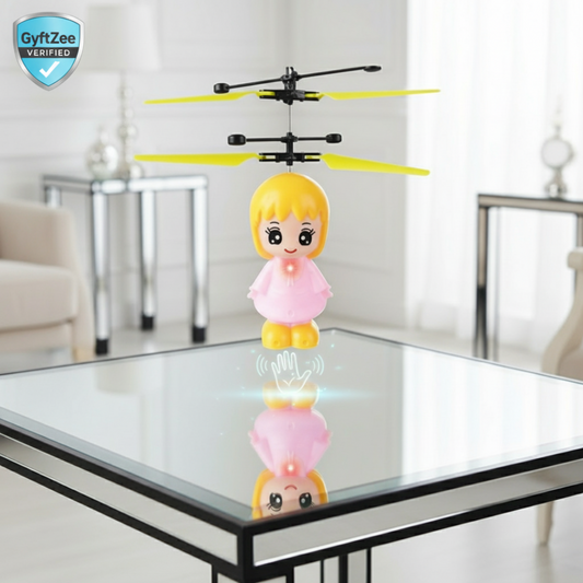 Toy helicopter with a cartoon character on a glass table