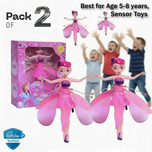 Pack of two pink fairy sensor toys with children playing in the background, GyftZee verified logo.