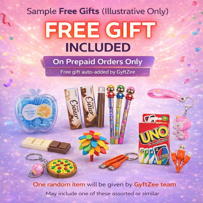Promotional image of free gifts included with prepaid orders, featuring various items on a colorful background.