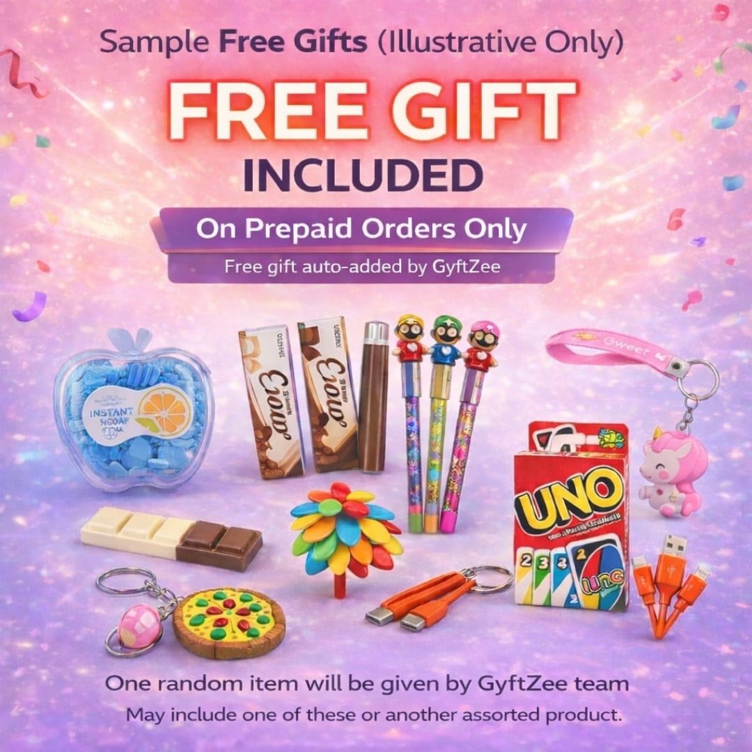 Promotional image of free gifts included with prepaid orders, featuring various items on a colorful background.