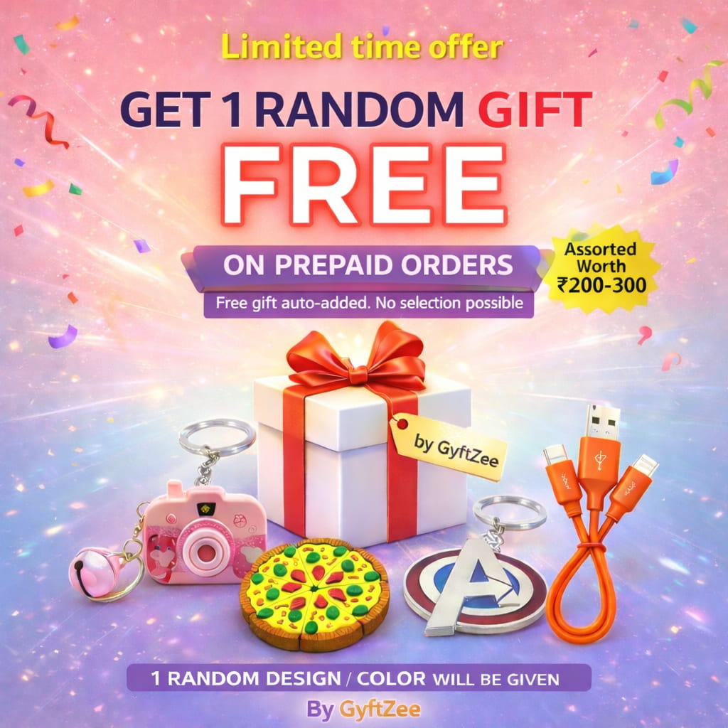 Promotional offer for free random gift with prepaid orders, featuring a gift box, camera keychain, pizza-shaped item, and USB cable on a colorful background.