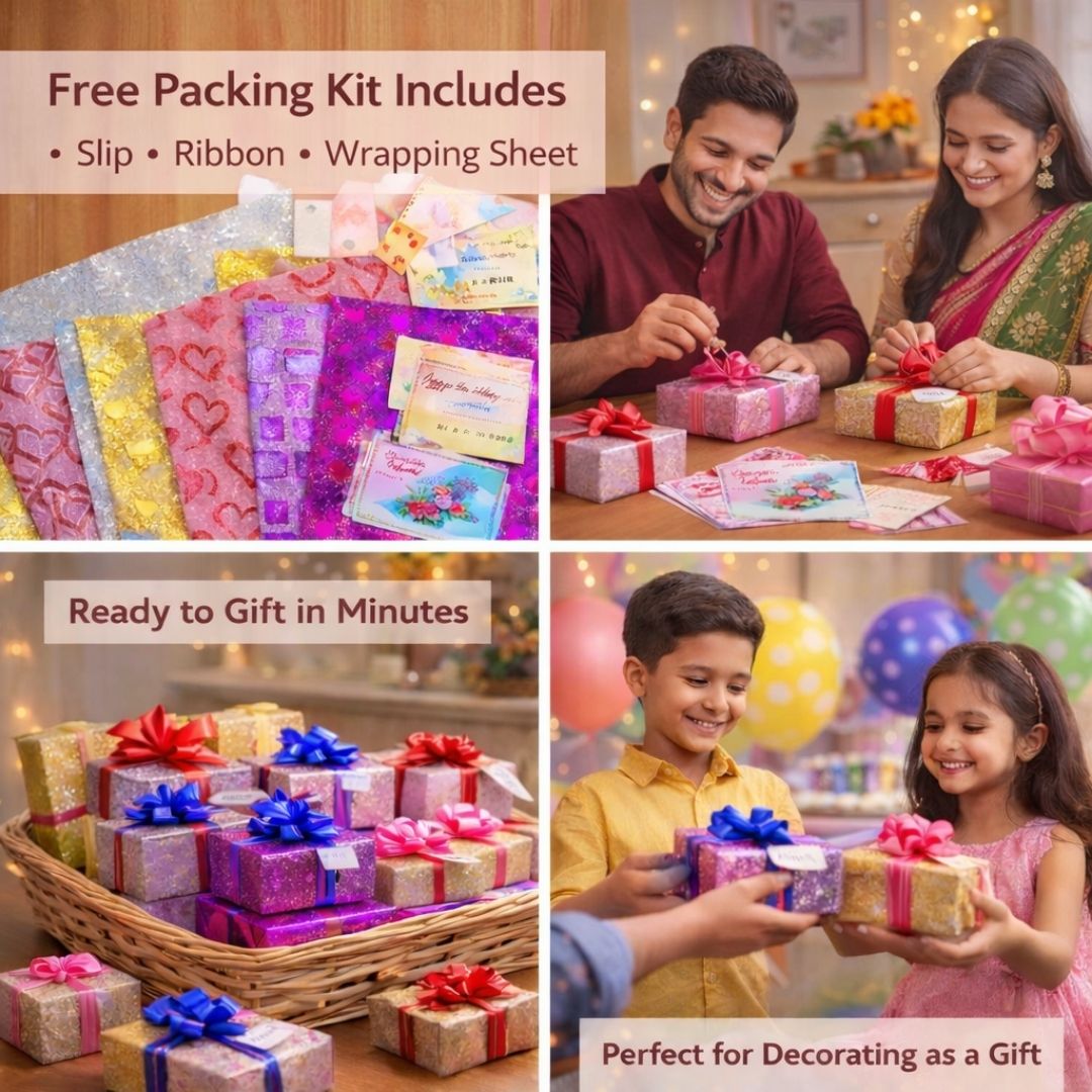 Collage of people preparing and receiving gifts with text about a free packing kit.