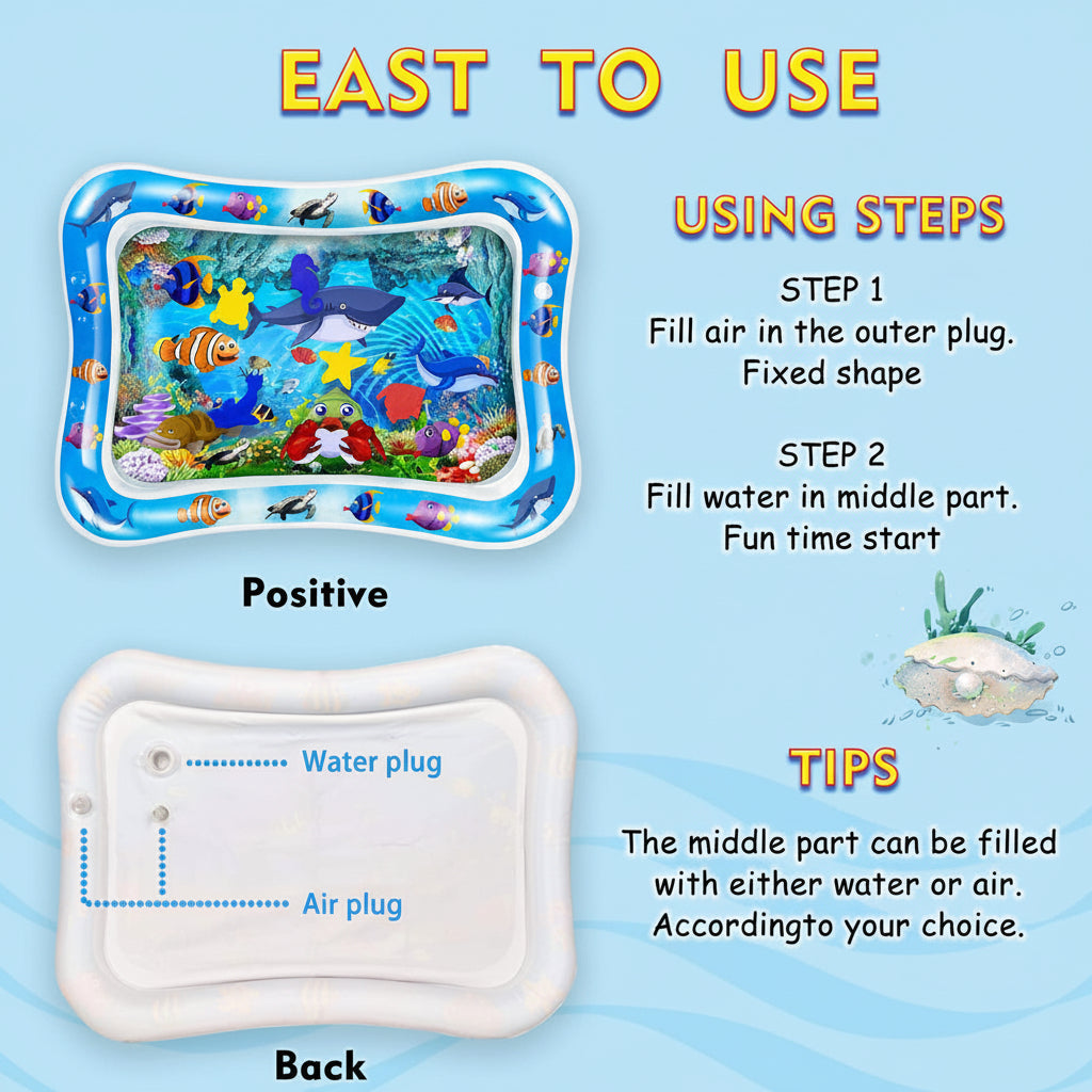 Instructions for using an inflatable water mat with fish illustrations on a blue background.