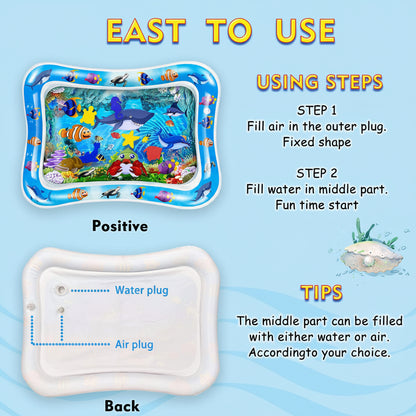 Instructions for using an inflatable water mat with fish illustrations on a blue background.