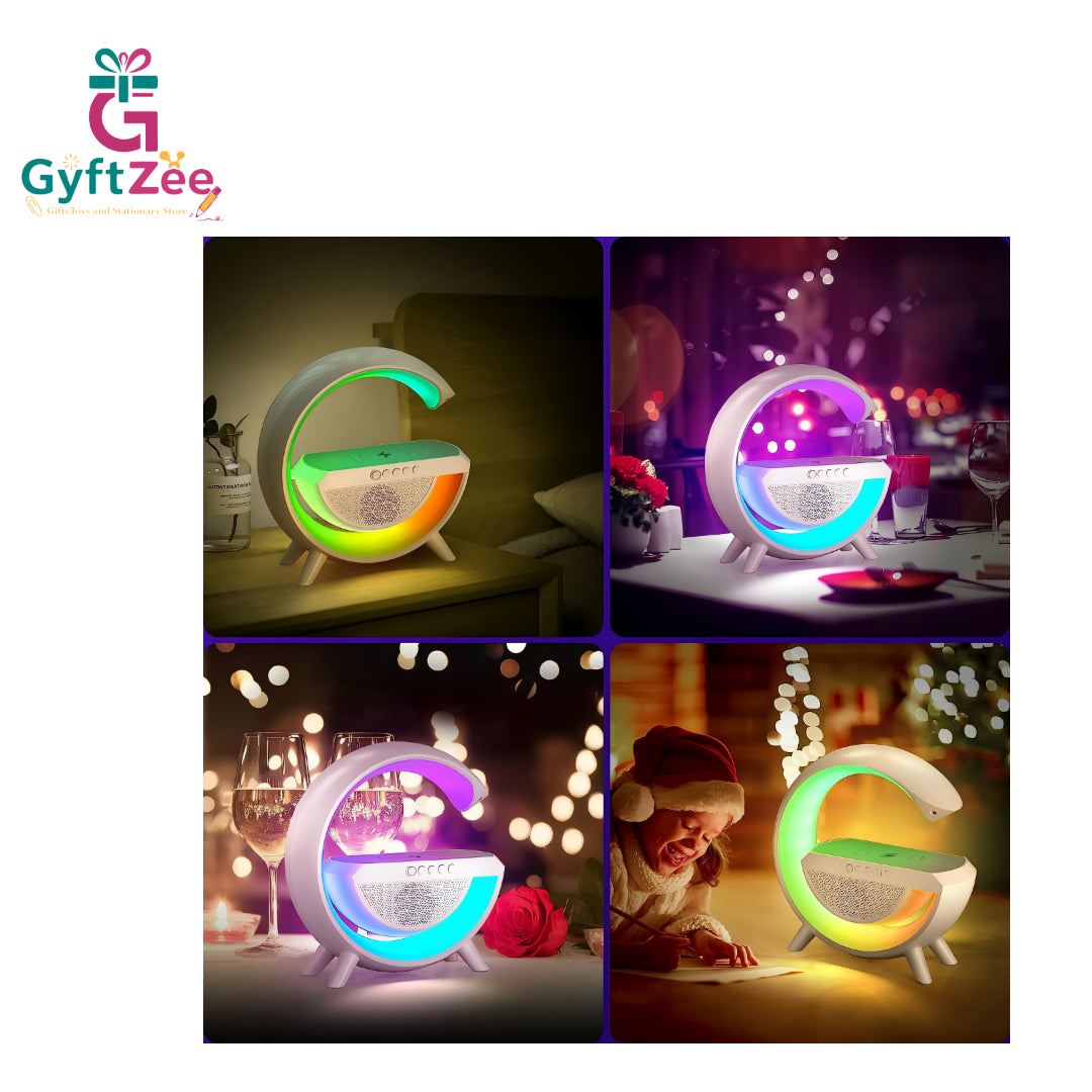 G Shape Rechargeable Bluetooth Speaker (NO mobile charging, its just display) | Color-Changing LED Desk Lamp, FM Radio, AUX & Wireless Charging