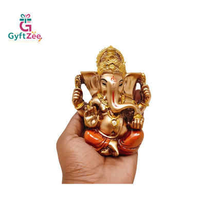 Ganesh Ji Statue with Striking Gold and Brown Finish, 11.5 cm Tall: