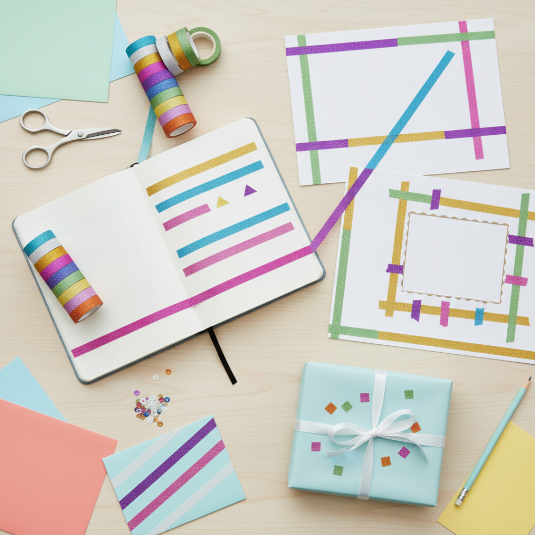 Colorful stationery items including a notebook, paper, tape, scissors, and a small gift box on a wooden surface.