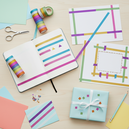 Colorful stationery items including a notebook, paper, tape, scissors, and a small gift box on a wooden surface.