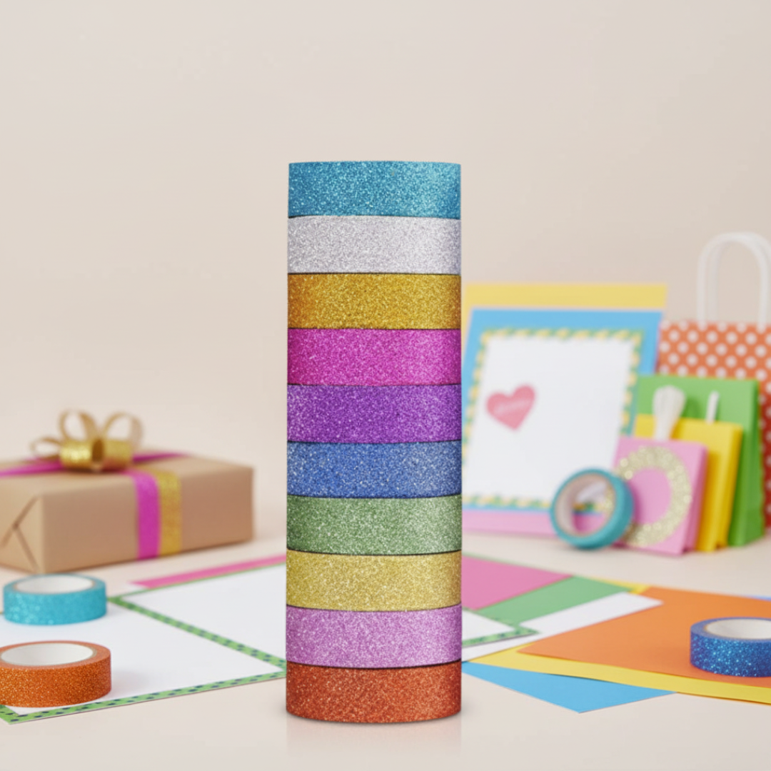 Stack of colorful glitter tape rolls on a light background with craft supplies.