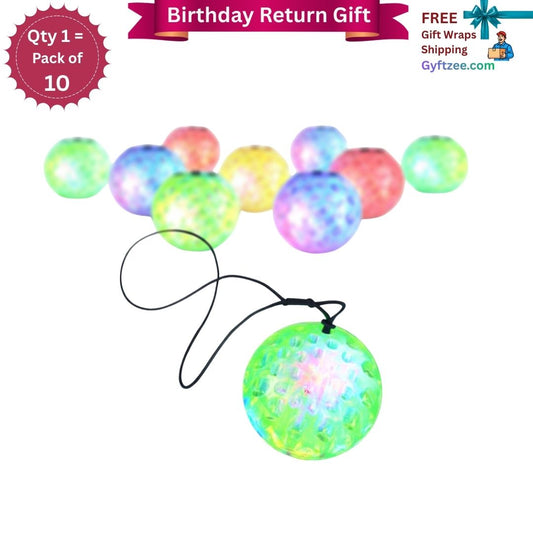 Colorful LED ball necklace with packaging text on a white background
