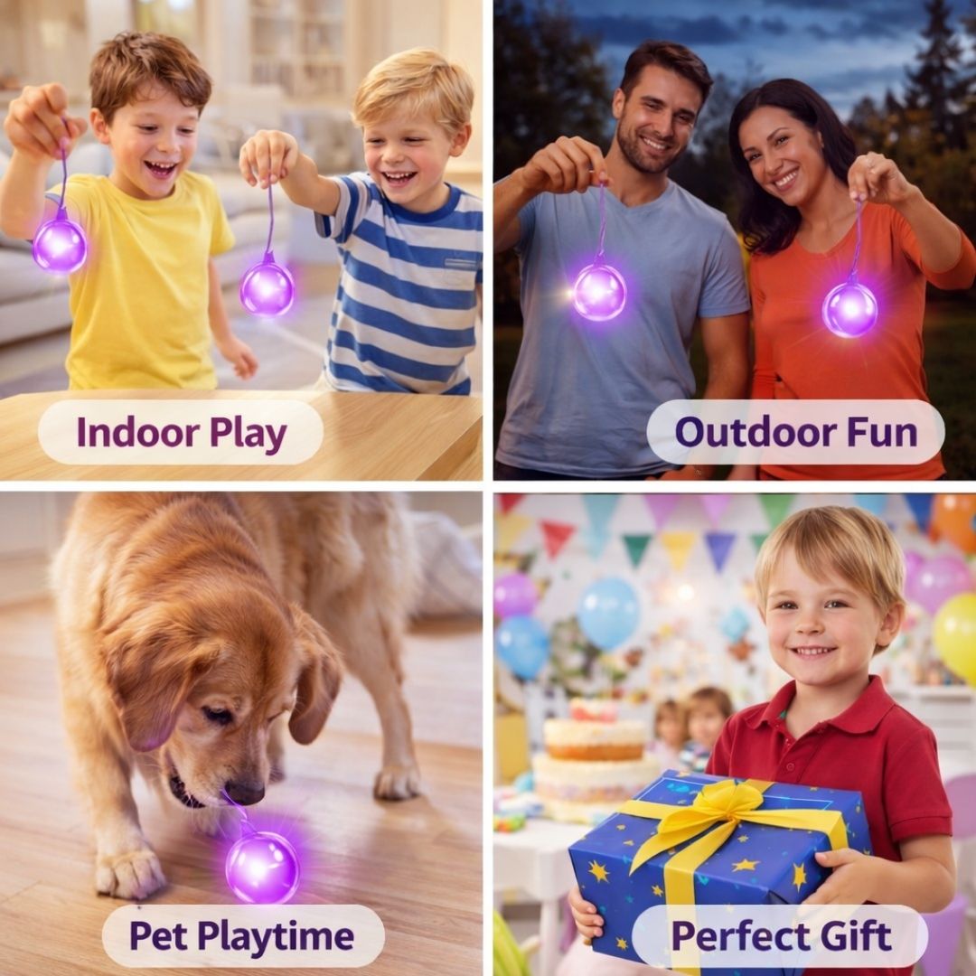 Collage of four scenes showing people playing with a glowing purple ball, a couple outdoors, a dog playing with the ball, and a child with a gift box.