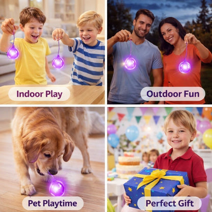 Collage of four scenes showing people playing with a glowing purple ball, a couple outdoors, a dog playing with the ball, and a child with a gift box.