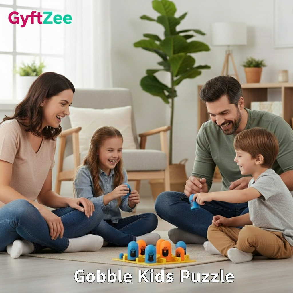 Family playing with educational toys on the floor in a living room.