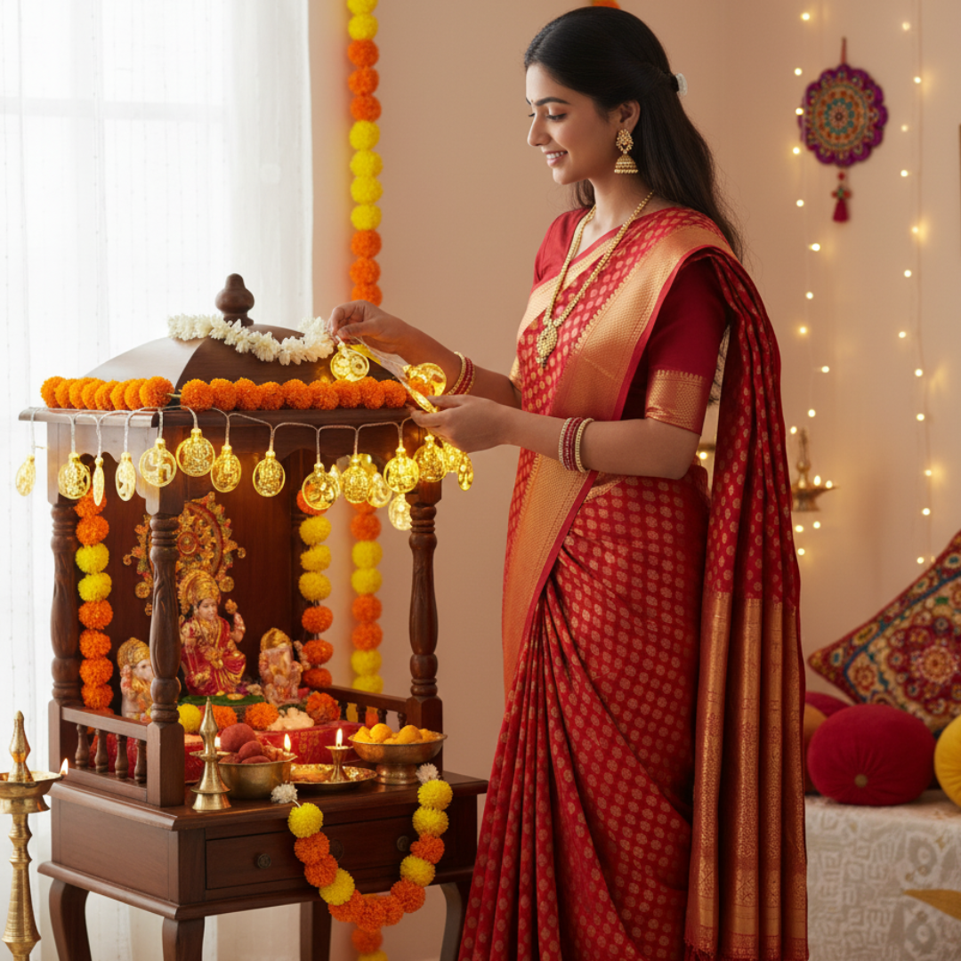 Decorative string lights with gold coins on a glass table, blurred festive background