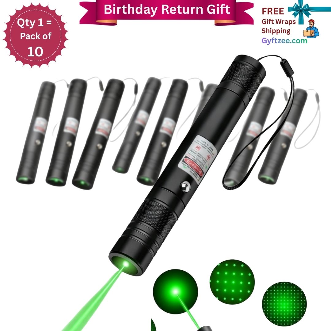 Pack of 10 green laser pointers with branding and promotional text on a white background.