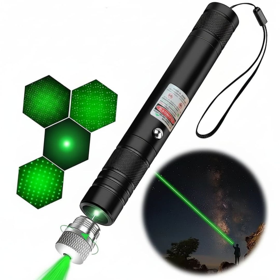 Green laser pointer with close-up of laser beam and application scenarios on a white background