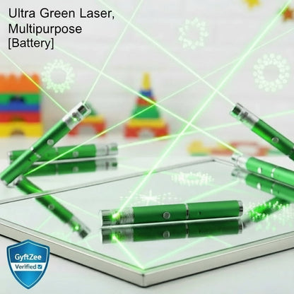 Green laser pointers with a white surface and colorful background