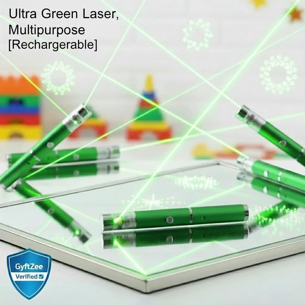 Green laser pointers on a reflective surface with colorful objects in the background